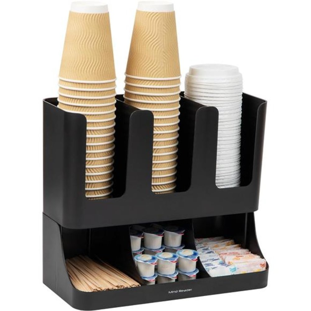6 Compartment Upright Breakroom Coffee Condiment and Cup Storage Organizer,Black